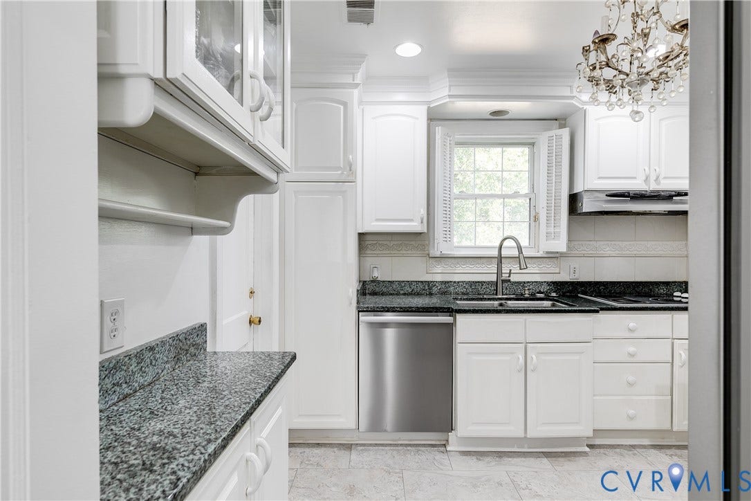 1406 Wentbridge Road, Richmond, VA 23227 Kitchen featuring crisp white cabinetry, dark stone countertops, stainless steel dishwasher, decorative crystal chandelier, and tile flooring
