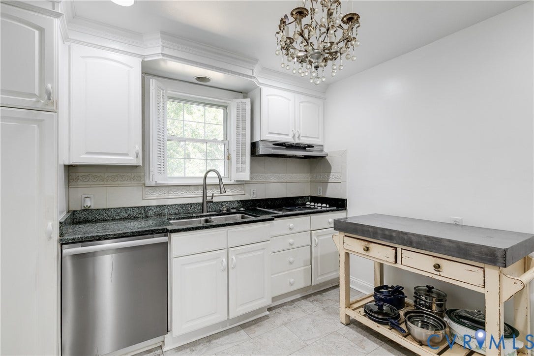 1406 Wentbridge Road, Richmond, VA 23227 Kitchen featuring white cabinetry, stone-finish countertops, stainless steel dishwasher, decorative crystal chandelier, and tiled flooring