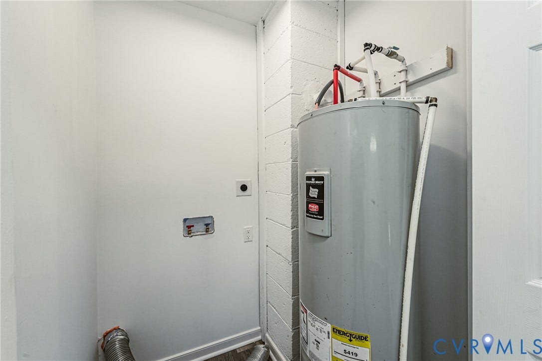 506 Meadowspring Road, Henrico, VA 23223 Utility area featuring a cylindrical water heater, exposed concrete block wall, and dedicated plumbing connections