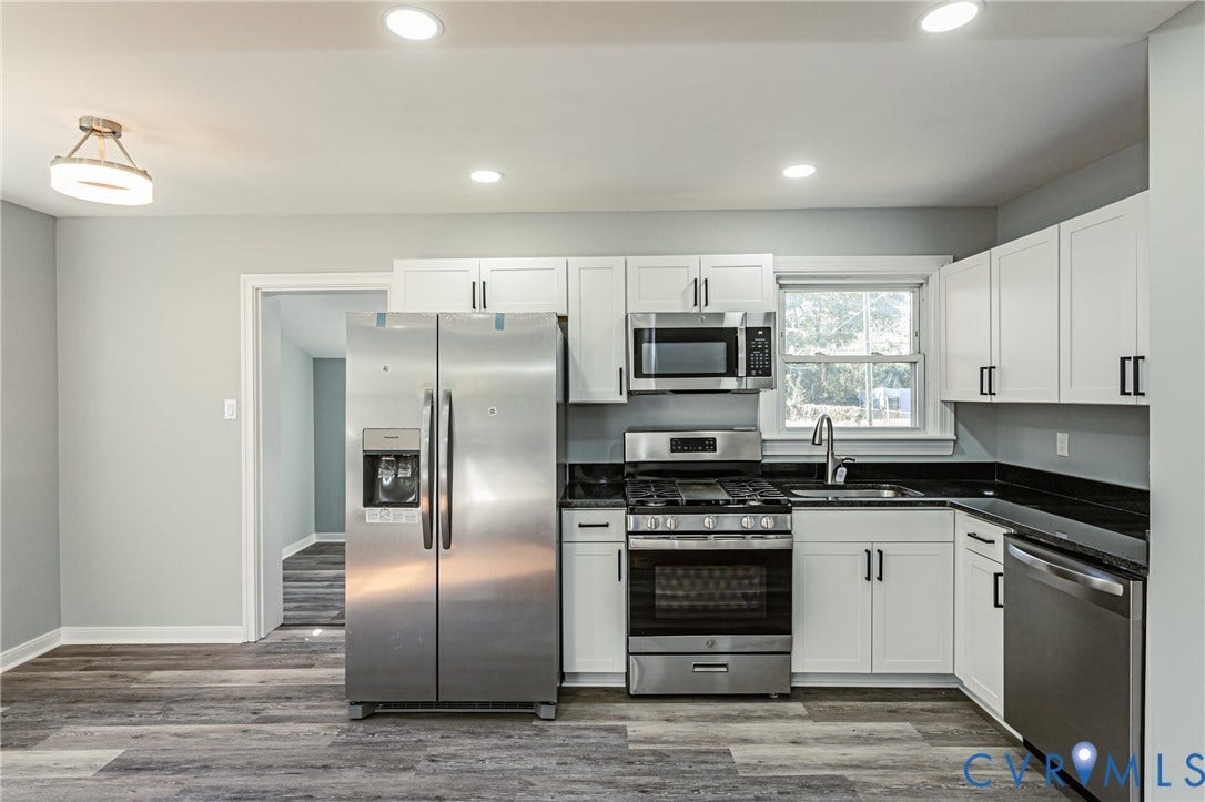 506 Meadowspring Road, Henrico, VA 23223 Kitchen featuring white shaker-style cabinetry, dark stone countertops, stainless steel appliances, recessed lighting, and wood-finish flooring