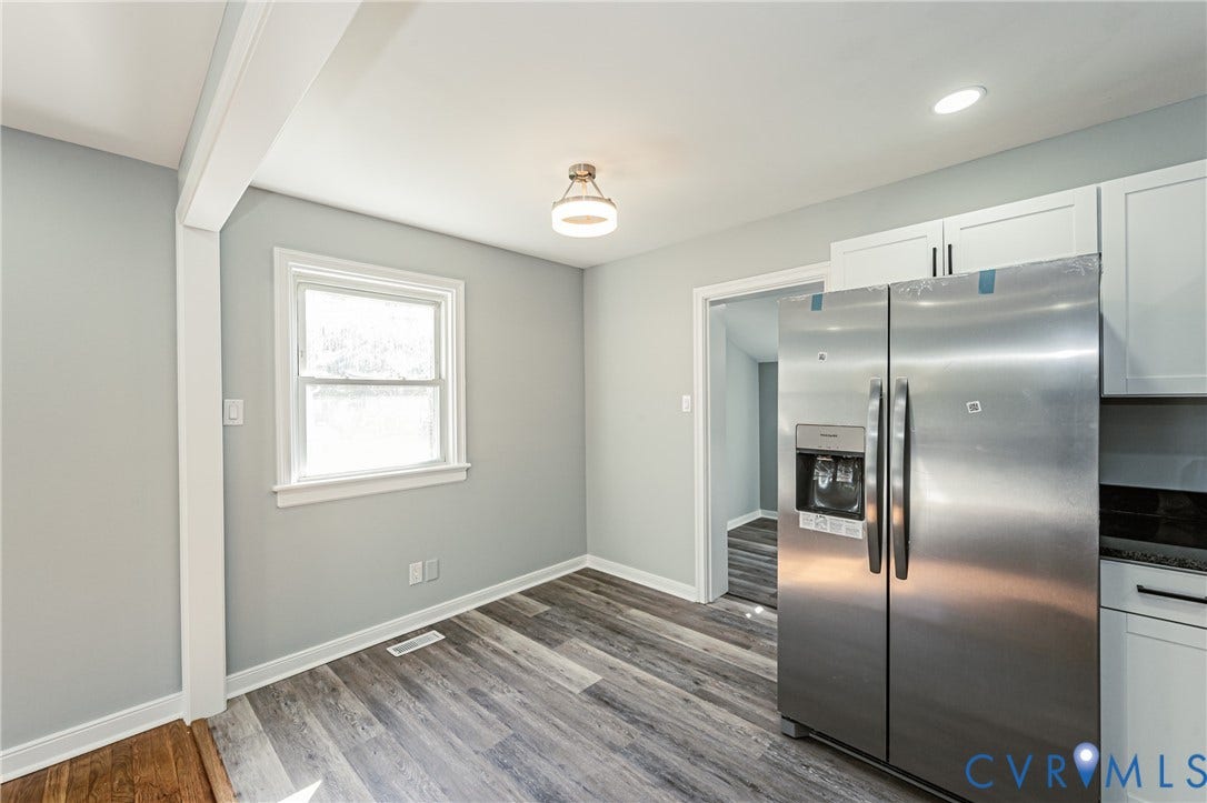 506 Meadowspring Road, Henrico, VA 23223 Stainless steel side-by-side refrigerator, white shaker-style cabinetry, wood-finish flooring, recessed lighting, and a flush-mount ceiling fixture