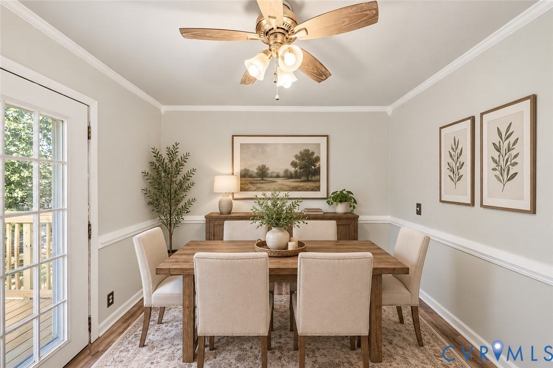 9737 Graves Road, South Chesterfield, VA 23803 Dining area featuring chair rail molding, crown molding, wood-finish flooring, a multi-light ceiling fan, and a multi-pane glass door, ai staged