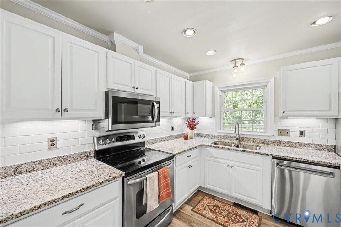 9737 Graves Road, South Chesterfield, VA 23803 Kitchen featuring white shaker-style cabinetry, stone-finish countertops, subway tile backsplash, stainless steel appliances, and recessed lighting