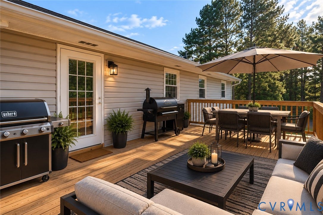 9737 Graves Road, South Chesterfield, VA 23803 Expansive wood deck featuring horizontal lap siding, a glass-paneled exterior door, wall-mounted lantern lighting, and wood-slat railing, ai staged