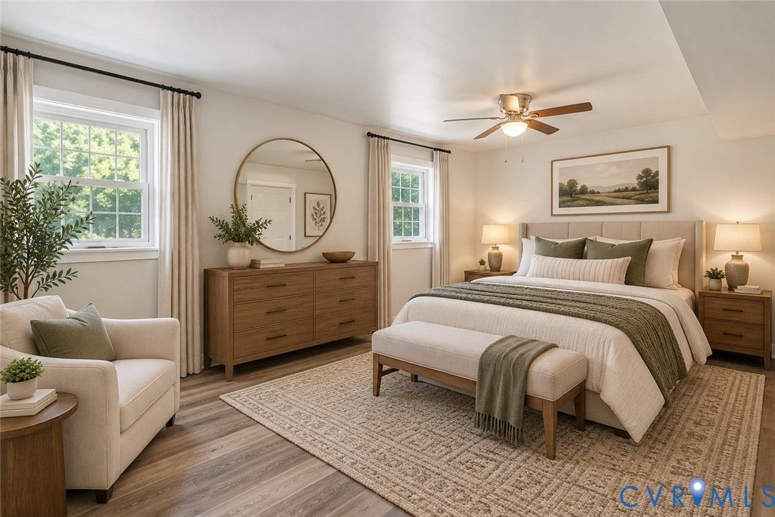 9737 Graves Road, South Chesterfield, VA 23803 Wood-finish flooring, dual windows with decorative hardware, and a ceiling-mounted light fixture with fan, ai staged