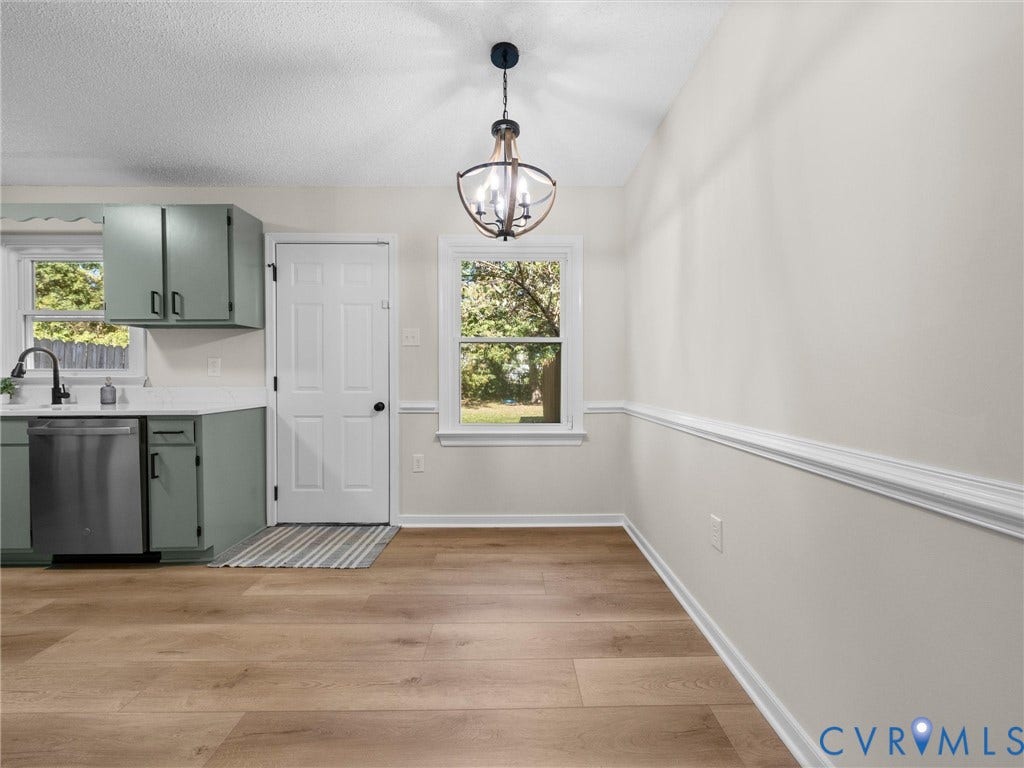 406 Alamosa Drive, Henrico, VA 23075 Kitchen featuring sage green cabinetry, stainless steel dishwasher, wood-finish flooring, chair rail molding, and a spherical metal chandelier