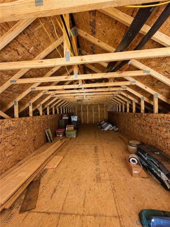 65 Cubbley Road, Hot Springs, VA 24445 Unfinished attic space featuring exposed wood-truss framing, oriented strand board walls, and plywood subflooring