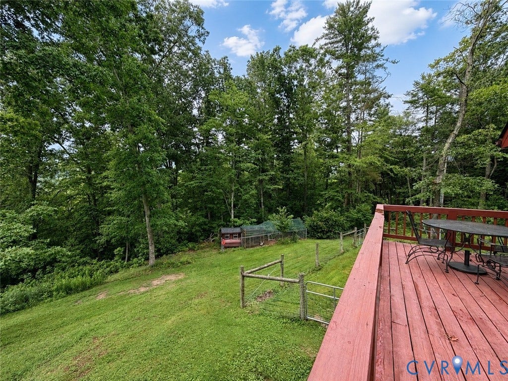 65 Cubbley Road, Hot Springs, VA 24445 Elevated wooden deck with railing overlooking a sloped lawn and mature tree-lined perimeter