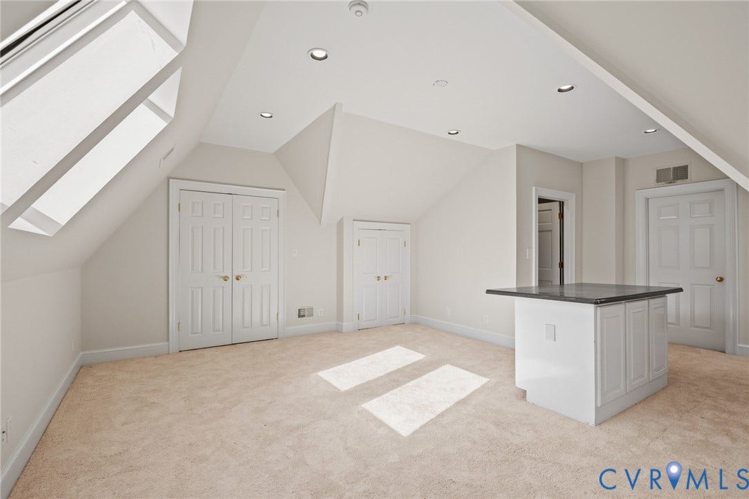 11429 Barrington Bridge Court, Henrico, VA 23233 Vaulted ceilings with recessed lighting, skylights, dual closet configurations, and a built-in island with a dark stone-finish countertop