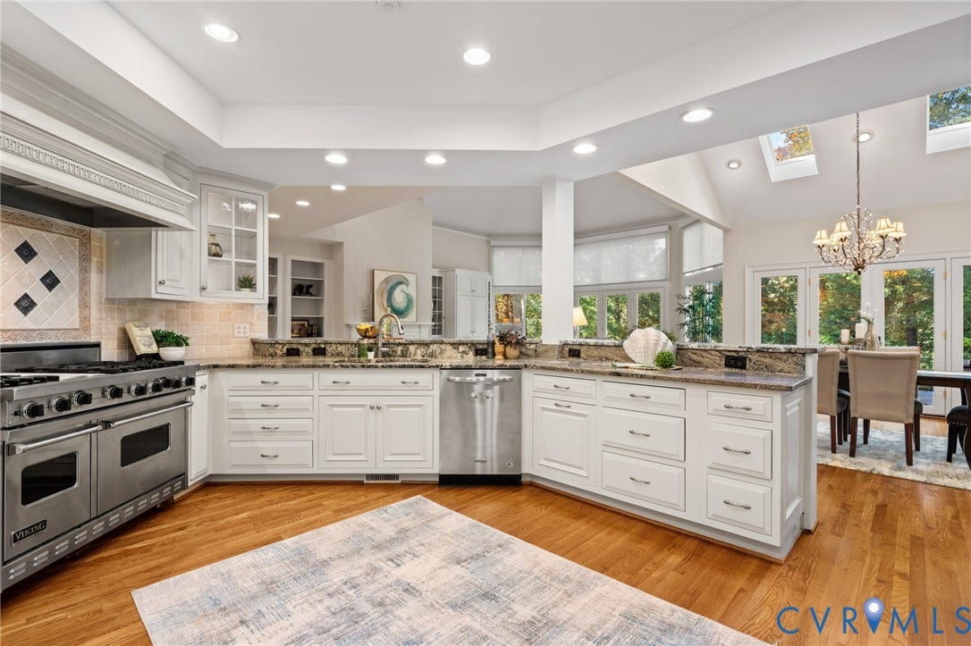 11429 Barrington Bridge Court, Henrico, VA 23233 Kitchen featuring white cabinetry, stone countertops, stainless steel professional-grade range, recessed lighting, and wood-finish flooring