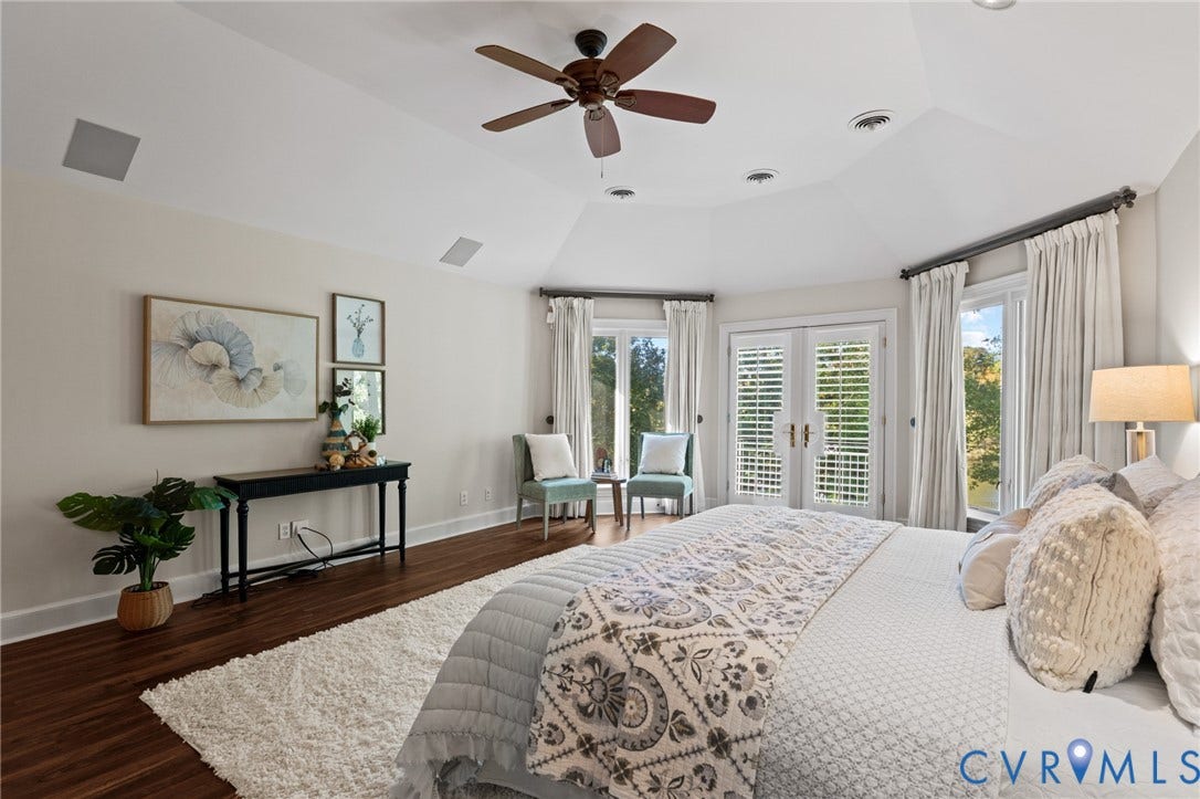 11429 Barrington Bridge Court, Henrico, VA 23233 Vaulted ceilings, wood-finish flooring, ceiling fan, and French doors featuring louvered shutters