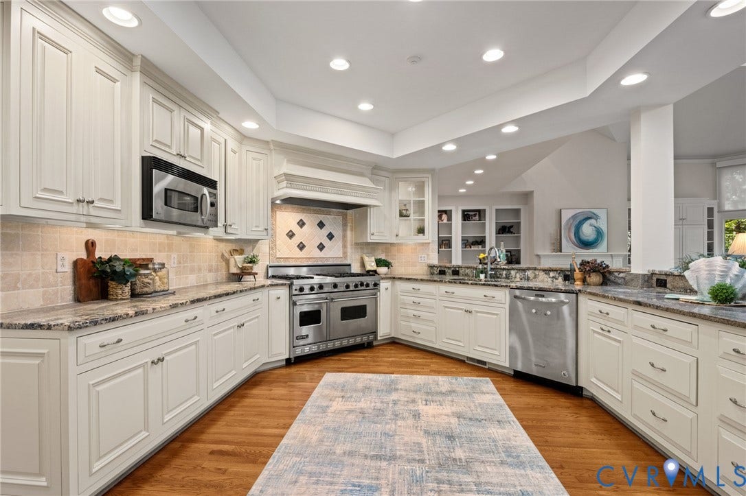 11429 Barrington Bridge Court, Henrico, VA 23233 Kitchen featuring white cabinetry, stone countertops, wood-finish flooring, a stainless steel gas range, and recessed ceiling lighting