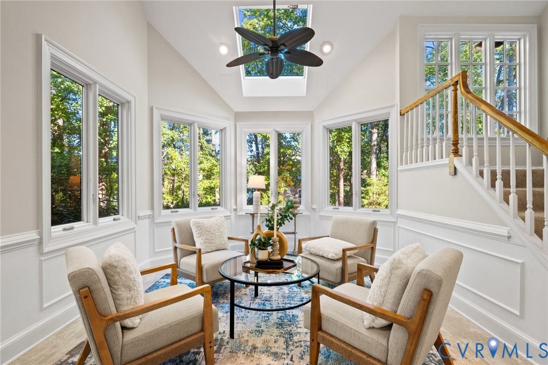 11429 Barrington Bridge Court, Henrico, VA 23233 Vaulted ceiling featuring a central skylight, multi-pane windows, wainscoting, and a wooden handrail with balusters