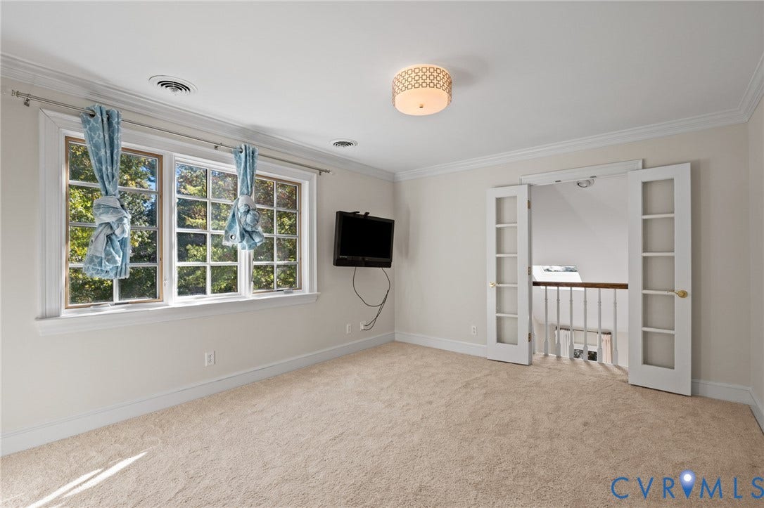 11429 Barrington Bridge Court, Henrico, VA 23233 Room featuring wall-to-wall carpeting, crown molding, multi-pane windows, and a drum-style flush-mount ceiling light
