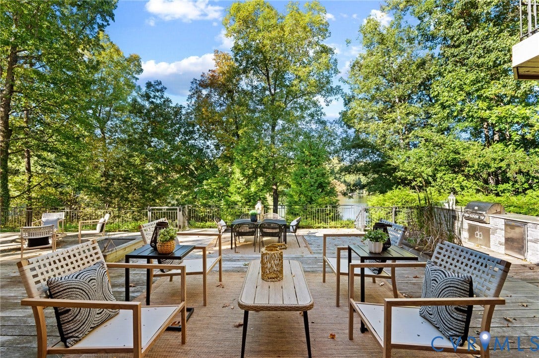 11429 Barrington Bridge Court, Henrico, VA 23233 Expansive outdoor deck featuring a built-in stone grill station, metal perimeter fencing, and mature trees