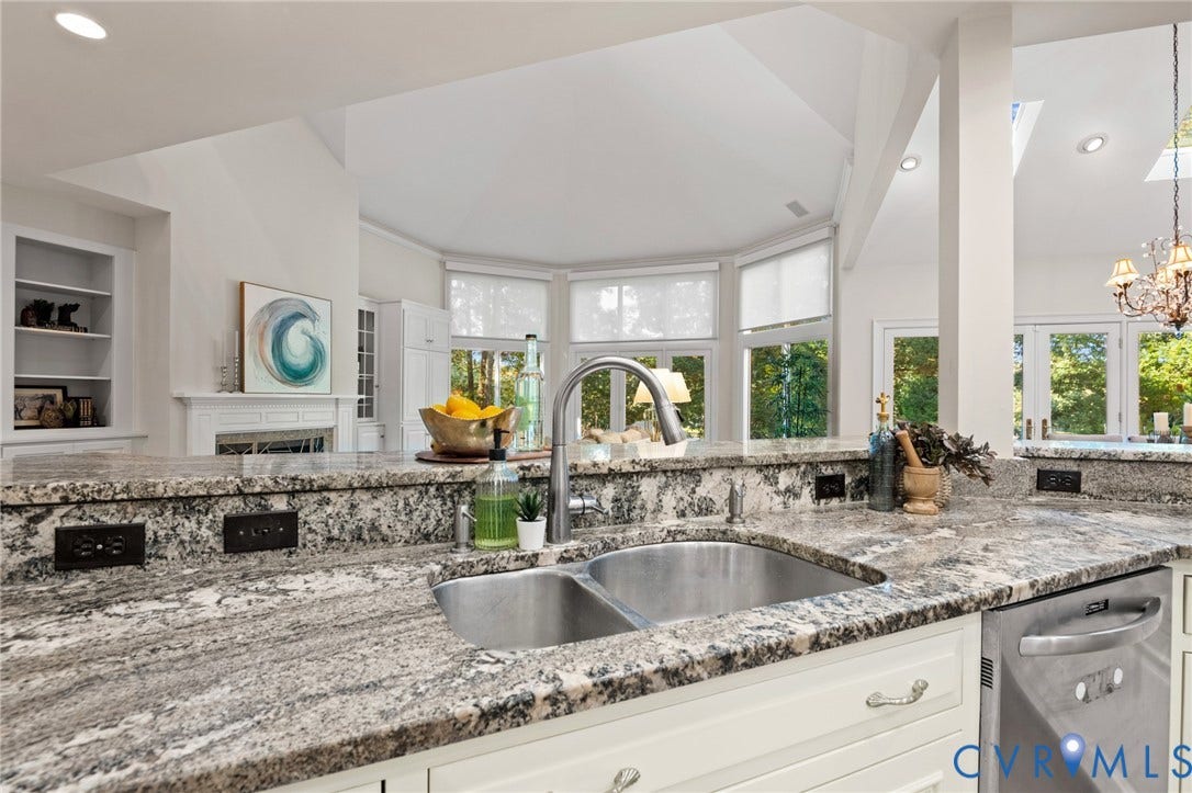 11429 Barrington Bridge Court, Henrico, VA 23233 Kitchen featuring stone countertops, stainless steel dual-basin undermount sink, gooseneck faucet, white cabinetry, and recessed lighting