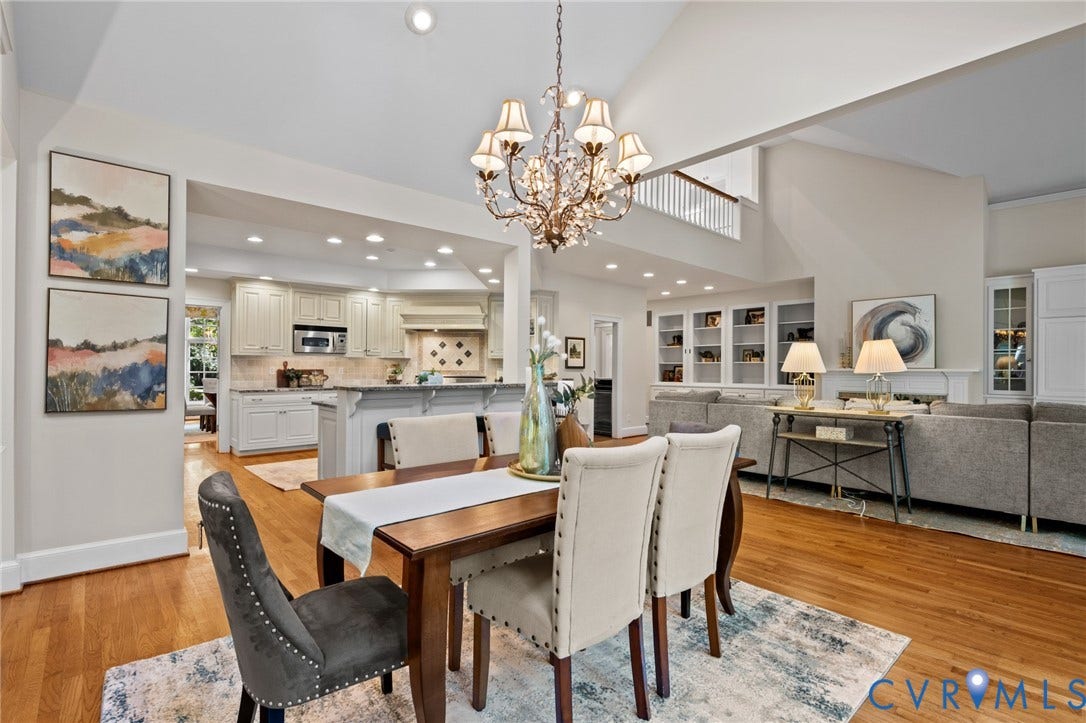 11429 Barrington Bridge Court, Henrico, VA 23233 Vaulted ceiling, crystal chandelier, wood-finish flooring, built-in cabinetry, and recessed lighting
