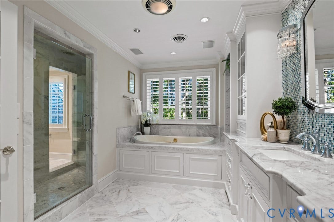 11429 Barrington Bridge Court, Henrico, VA 23233 Bathroom featuring white cabinetry, stone-surface countertops, soaking tub, walk-in glass-enclosed shower, and decorative tile backsplash