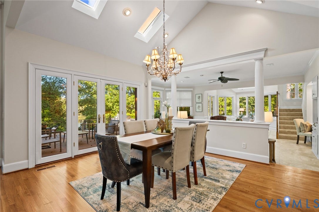 11429 Barrington Bridge Court, Henrico, VA 23233 Vaulted ceiling featuring skylights, chandelier lighting, wood-finish flooring, and double glass-paned doors