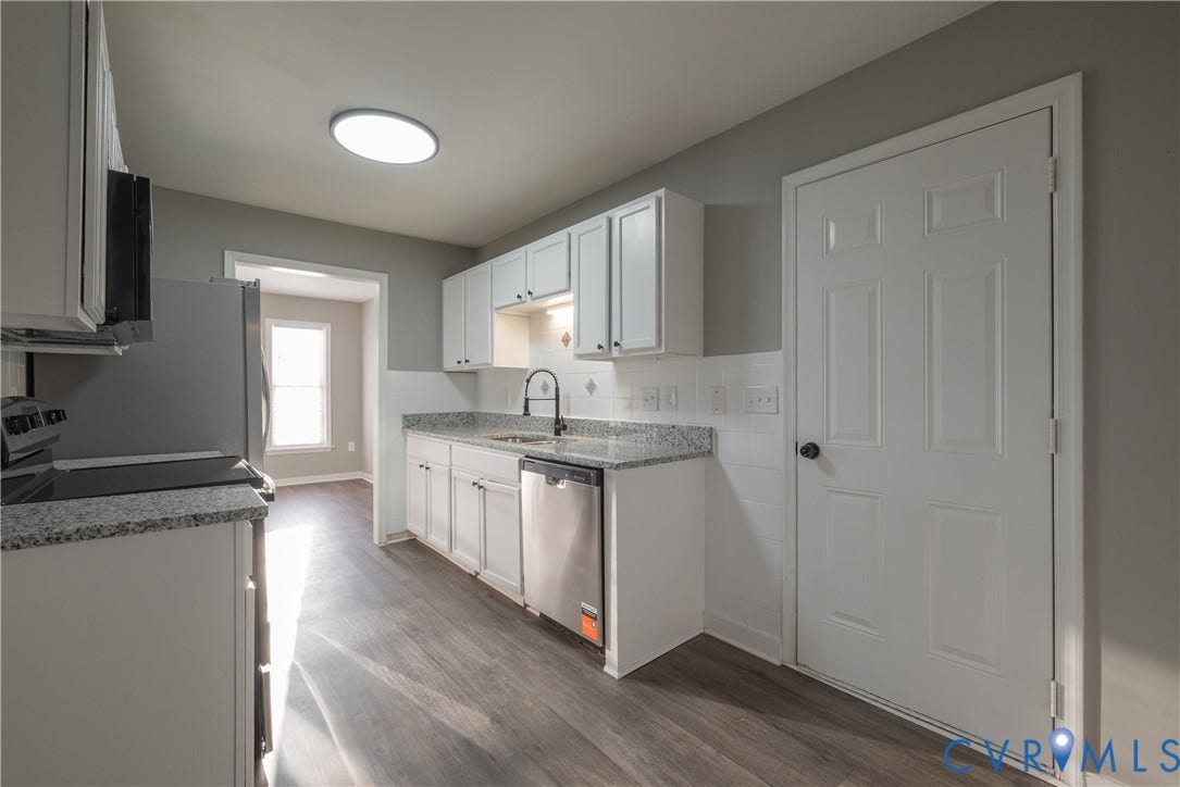 7009 Summers Trace Court, Chesterfield, VA 23832 Kitchen featuring white shaker-style cabinetry, granite countertops, a stainless steel dishwasher, a high-arc matte black faucet, and wood-finish flooring and backsplash