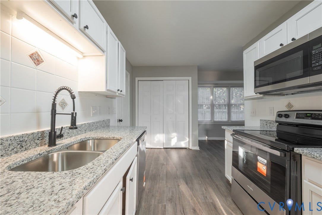 7009 Summers Trace Court, Chesterfield, VA 23832 Kitchen featuring white cabinetry, granite countertops, and tile backsplash