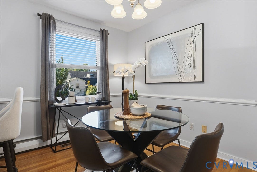 5028 Devonshire Road, Richmond, VA 23225 Wood-finish flooring, chair rail molding, and a five-light chandelier