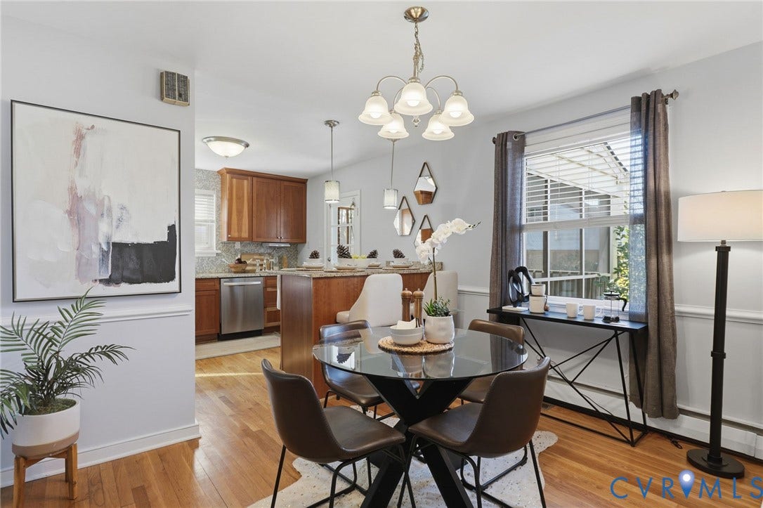 5028 Devonshire Road, Richmond, VA 23225 Dining area featuring wood-finish flooring, wainscoting, and a five-light chandelier, with an open kitchen containing wood cabinetry and a breakfast bar