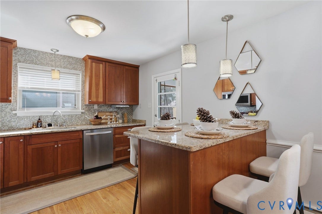 5028 Devonshire Road, Richmond, VA 23225 Kitchen featuring wood cabinetry, stone-finish countertops, stainless steel dishwasher, mosaic tile backsplash, and hanging pendant lighting