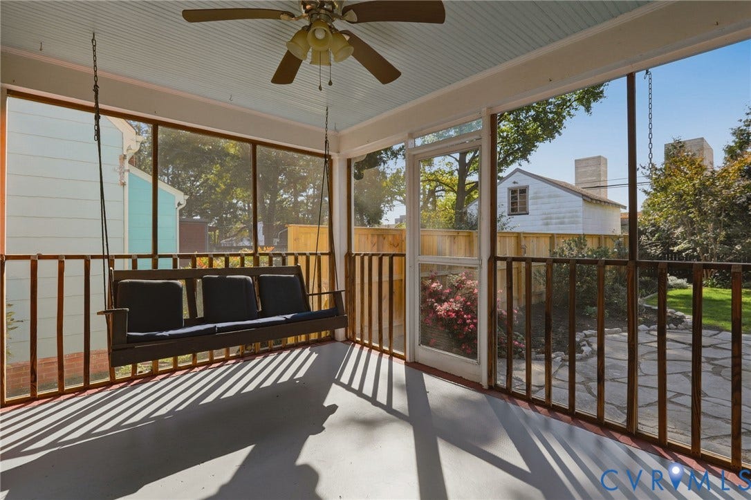 5028 Devonshire Road, Richmond, VA 23225 Screened-in porch featuring a painted beadboard ceiling, ceiling fan, and wooden railing