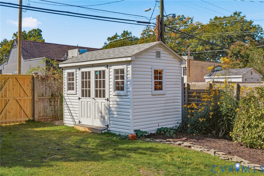 5028 Devonshire Road, Richmond, VA 23225 Detached storage shed featuring vinyl siding, shingled roof, double-door entry with glass panes, and side windows