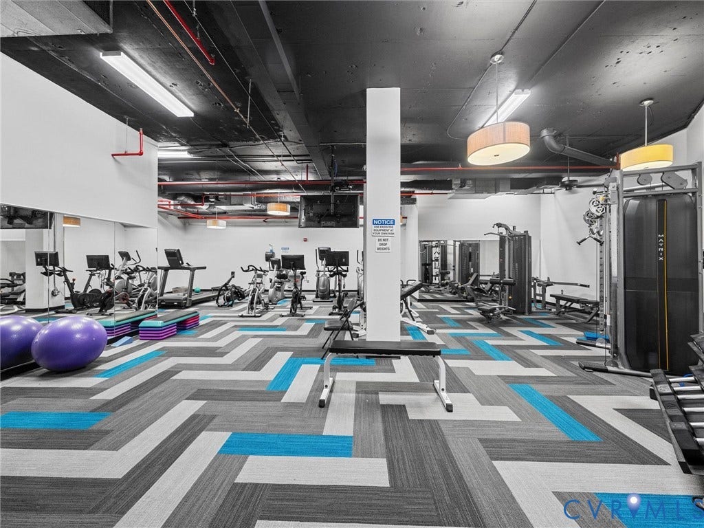413 Stuart Circle, #3B, Historic Fan District, Richmond, VA 23220 Ample gym with cardio equipment and weights.