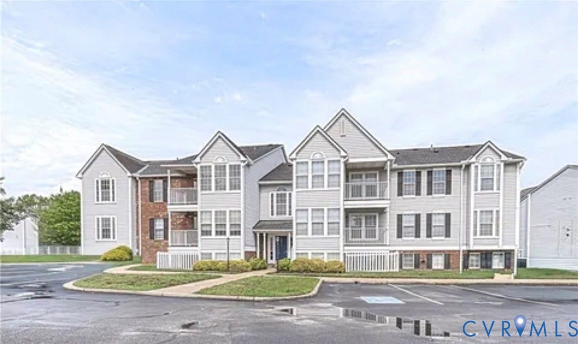 10211 Wolfe Manor Court, #711, Glen Allen, VA 23060 Multi-level building exterior featuring gray siding, brick veneer accents, multiple balconies with metal railings, and a shingled roof