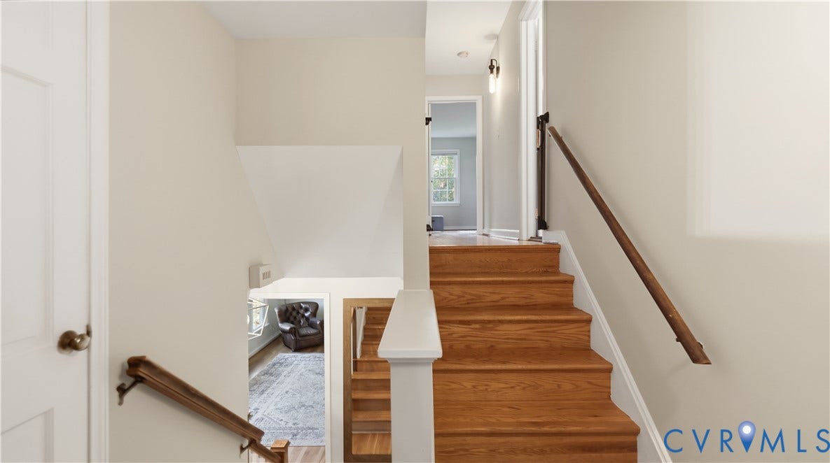 10010 Cheyenne Court, Richmond, VA 23235 Staircase featuring wood-finish treads and wall-mounted handrails with a white half-wall balustrade