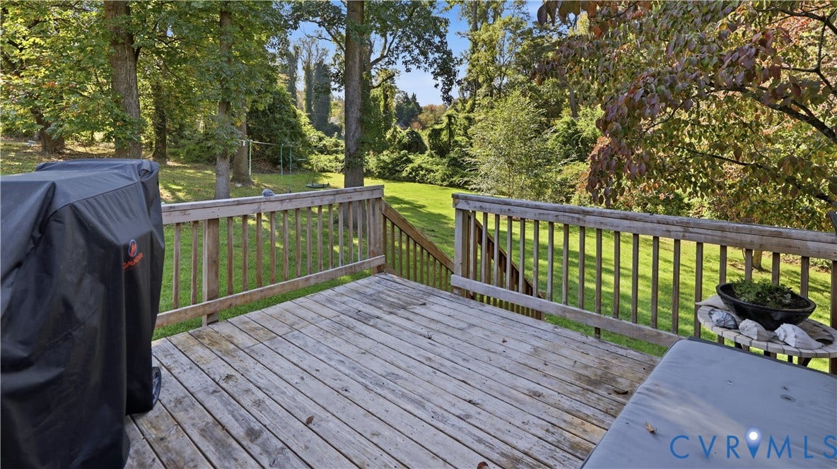 10010 Cheyenne Court, Richmond, VA 23235 Elevated wood deck with baluster railing, overlooking a expansive grass lawn bordered by mature trees