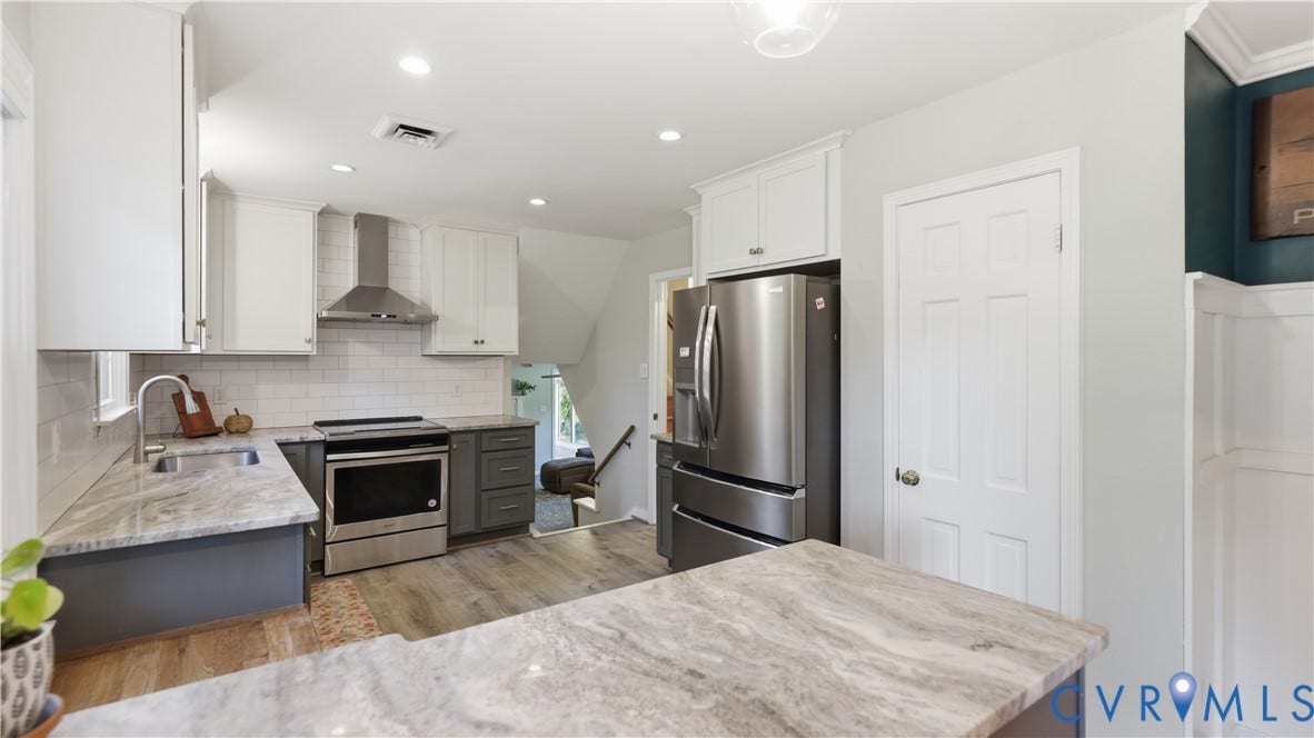 10010 Cheyenne Court, Richmond, VA 23235 Kitchen featuring stone-finish countertops, stainless steel appliances, shaker-style cabinetry, a white subway tile backsplash, and wood-finish flooring