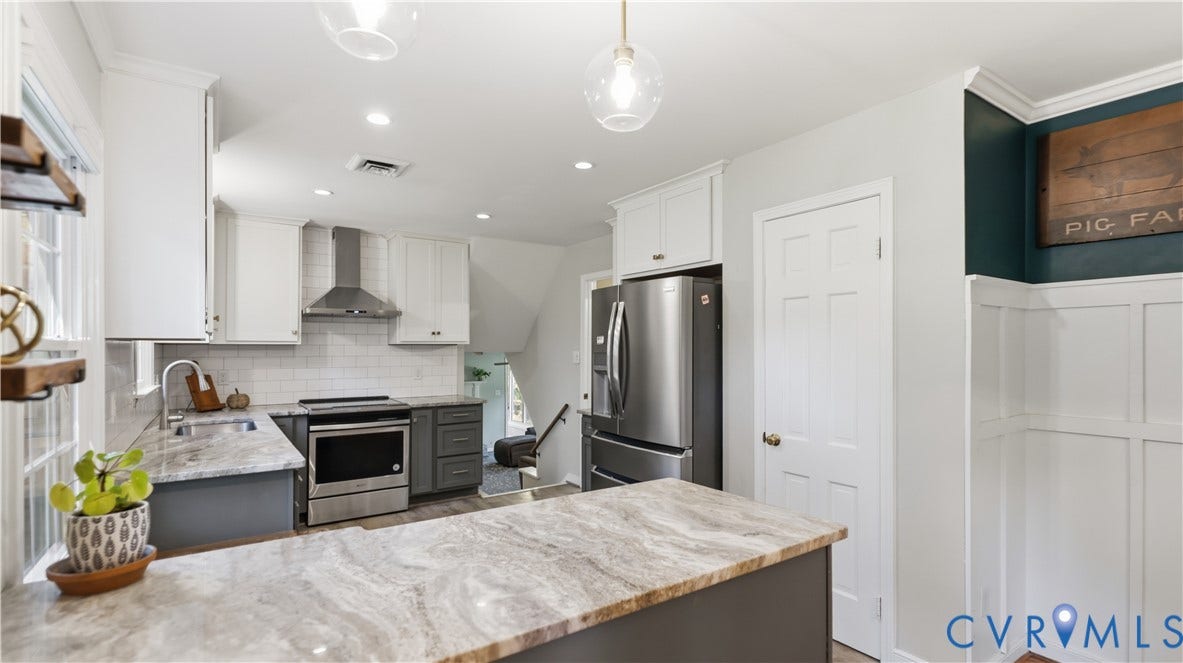 10010 Cheyenne Court, Richmond, VA 23235 Kitchen featuring white shaker-style upper cabinets, stone-finish countertops, stainless steel appliances, subway tile backsplash, and beadboard wall paneling