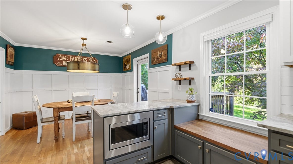 10010 Cheyenne Court, Richmond, VA 23235 Kitchen featuring custom cabinetry with stone countertops, integrated microwave, built-in wooden bench seating, and wall-mounted shelving