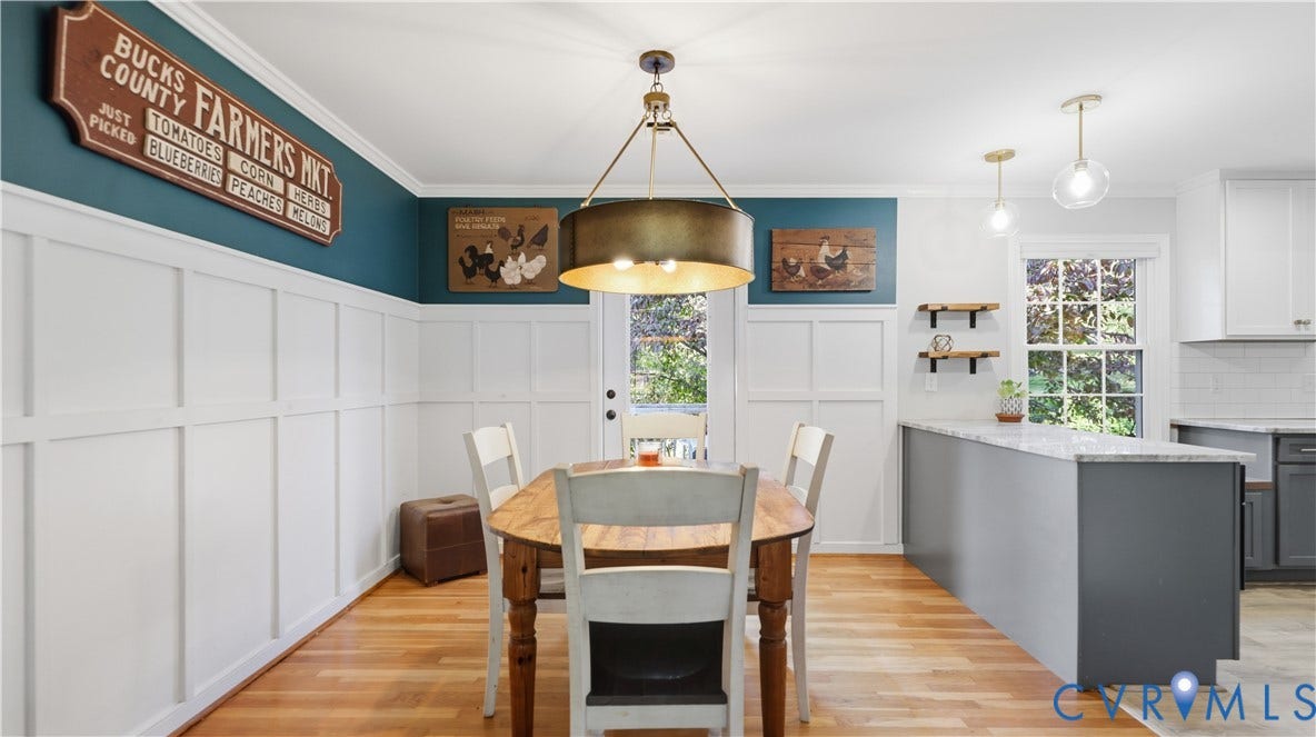 10010 Cheyenne Court, Richmond, VA 23235 Board and batten wainscoting, wood-finish flooring, drum-style chandelier, and granite-topped kitchen peninsula
