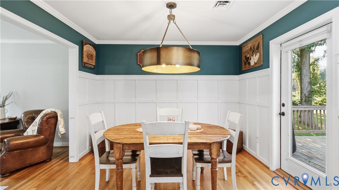 10010 Cheyenne Court, Richmond, VA 23235 Dining space featuring white wainscoting, wood-finish flooring, a drum pendant light fixture, and a glass-paneled exterior door