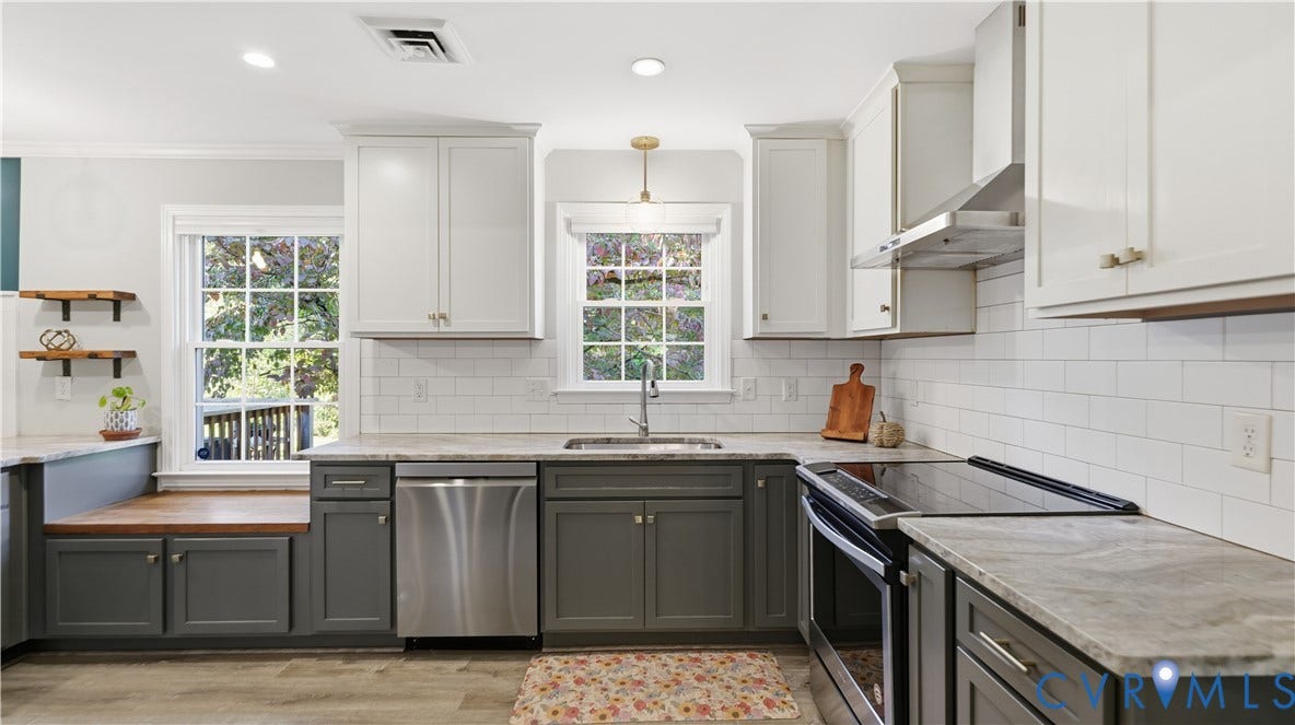 10010 Cheyenne Court, Richmond, VA 23235 Kitchen featuring two-tone cabinetry, stone-finish countertops, white subway tile backsplash, stainless steel appliances, and integrated wood-finish window seat