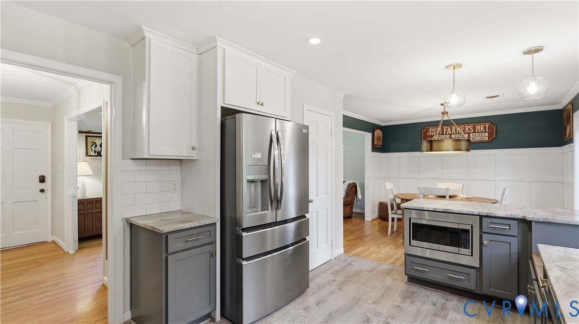 10010 Cheyenne Court, Richmond, VA 23235 Kitchen featuring white shaker-style cabinetry, grey lower cabinets, stainless steel appliances, white subway tile backsplash, and wood-finish flooring