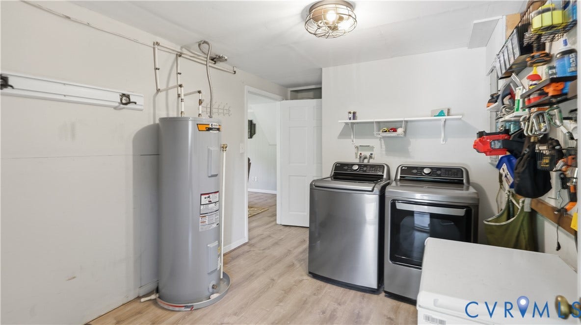 10010 Cheyenne Court, Richmond, VA 23235 Utility space featuring wood-finish flooring, a wall-mounted floating shelf, and a flush-mount industrial-style lighting fixture