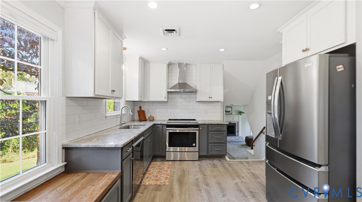 10010 Cheyenne Court, Richmond, VA 23235 Kitchen featuring shaker-style cabinetry with dual-tone finish, stainless steel appliances, subway tile backsplash, stone-surface countertops, and wood-finish flooring