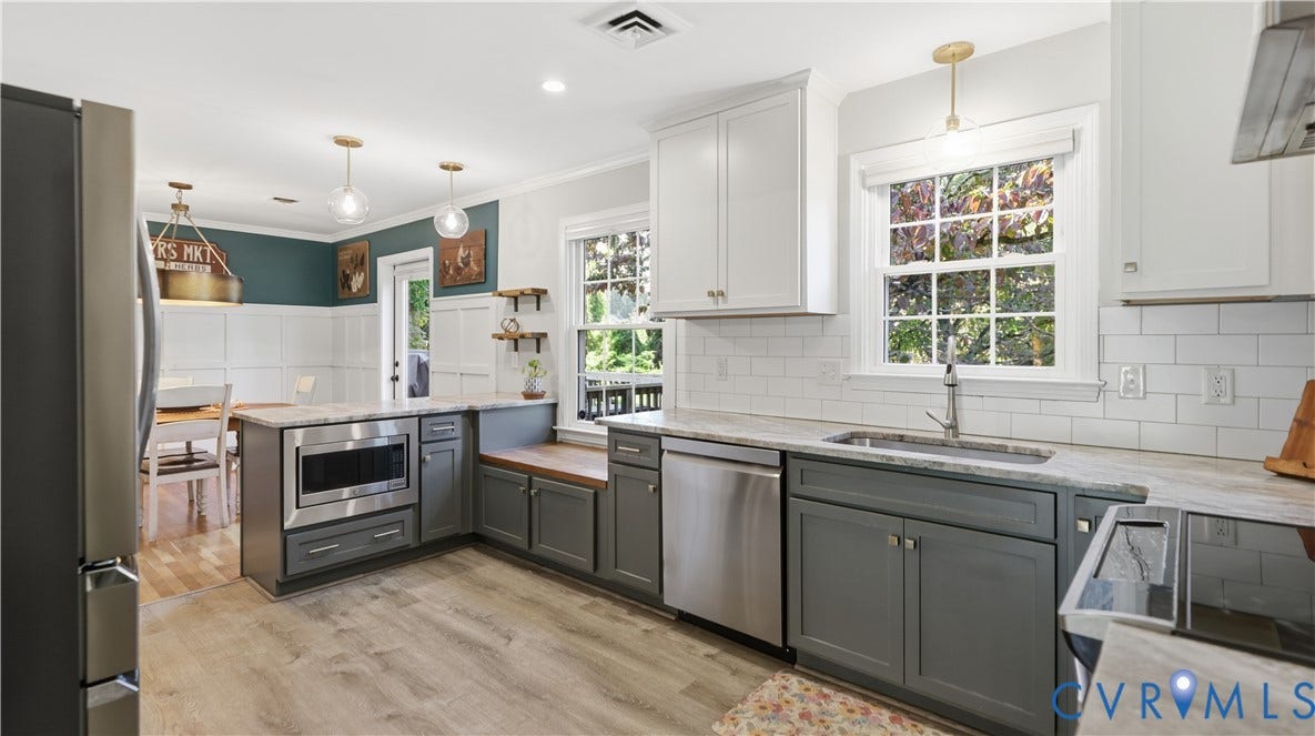 10010 Cheyenne Court, Richmond, VA 23235 Kitchen featuring two-tone cabinetry, stone-finish countertops, white subway tile backsplash, stainless steel appliances, and wood-finish flooring