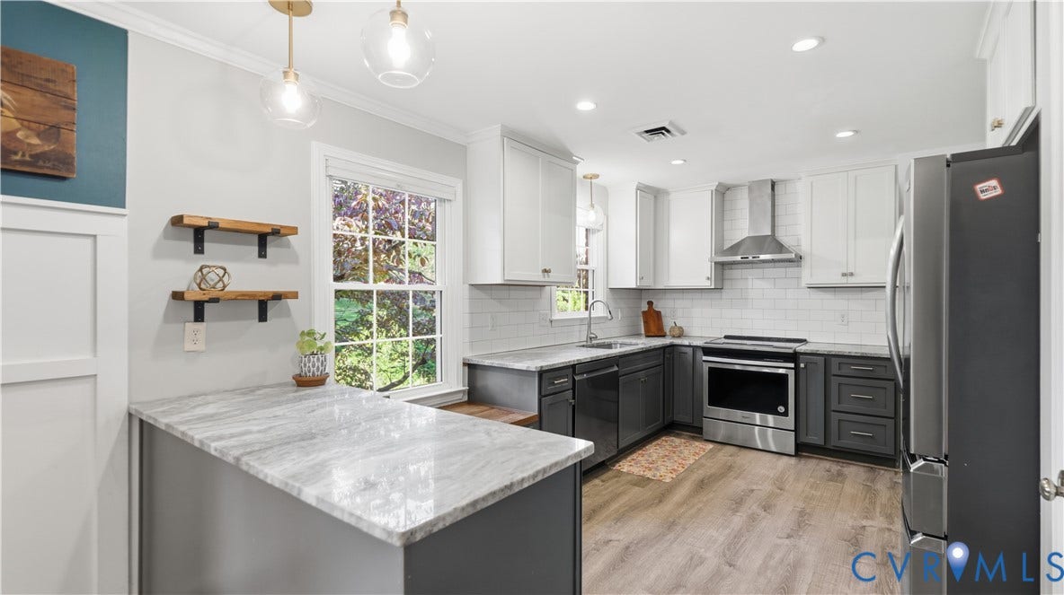 10010 Cheyenne Court, Richmond, VA 23235 Kitchen featuring dual-tone cabinetry, stone-finish countertops, stainless steel appliances, white subway tile backsplash, and wood-finish flooring