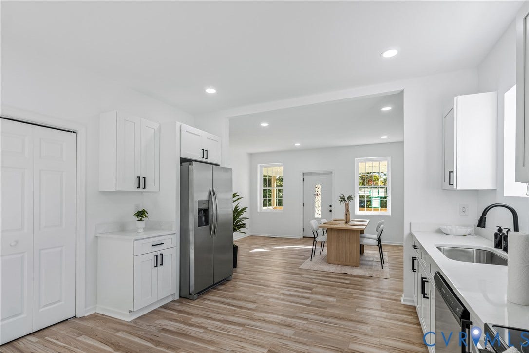 19614 Manson Church Road, Mc Kenney, VA 23872 Kitchen featuring white cabinetry with matte black hardware, stone-finish countertops, stainless steel appliances, recessed lighting, and wood-finish flooring