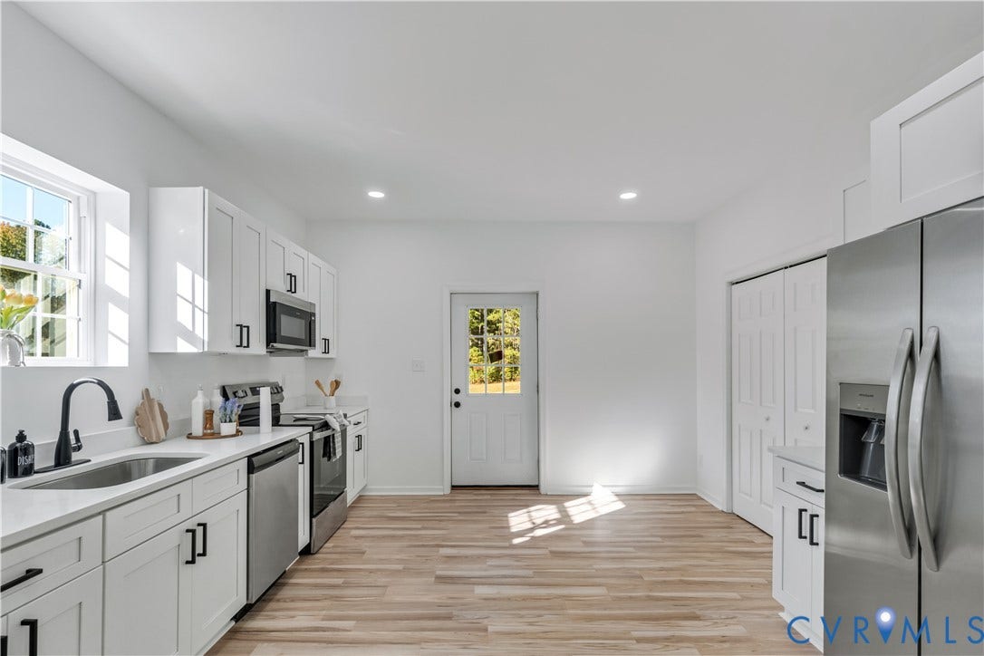 19614 Manson Church Road, Mc Kenney, VA 23872 Kitchen featuring white shaker-style cabinetry, stainless steel appliances, wood-finish flooring, recessed lighting, and white countertops