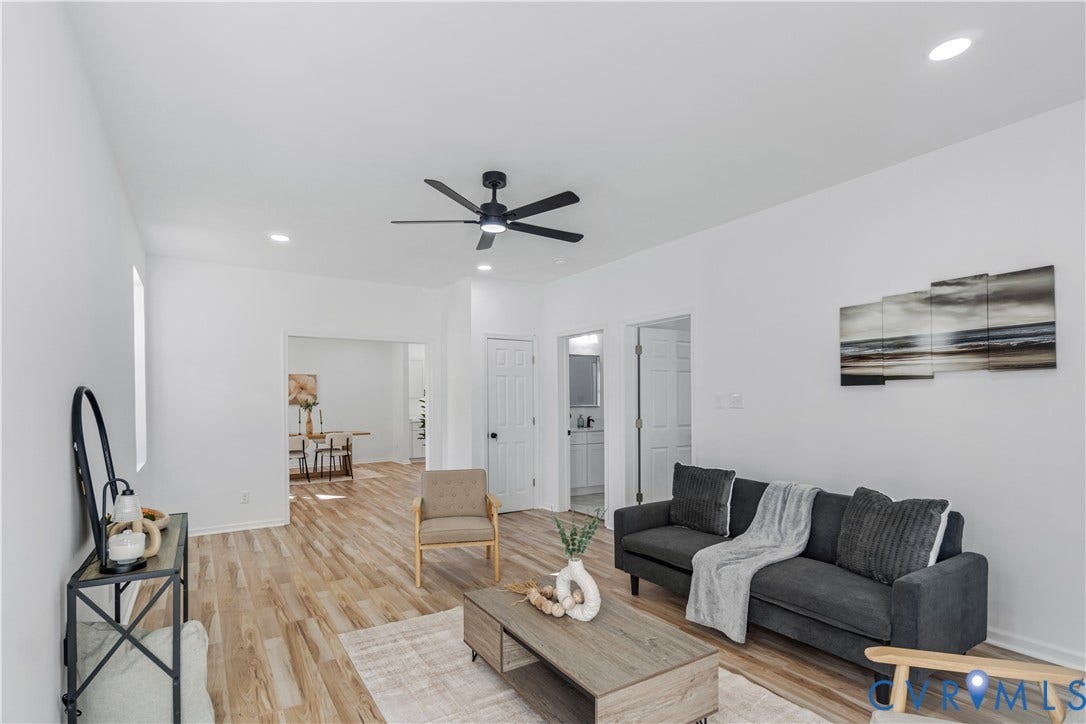 19614 Manson Church Road, Mc Kenney, VA 23872 Interior space featuring wood-finish flooring, recessed lighting, and a modern black ceiling fan