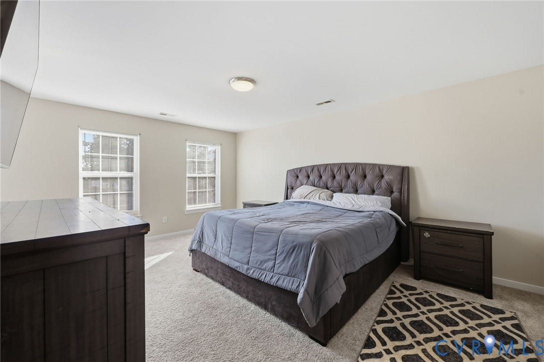 6614 Gills Gate Drive, Chesterfield, VA 23832 Spacious room featuring neutral wall color, wall-to-wall carpeting, and two dual-pane windows with grid detailing