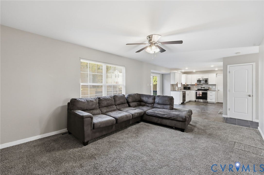 6614 Gills Gate Drive, Chesterfield, VA 23832 Neutral-toned interior featuring wall-to-wall carpeting, a multi-blade ceiling fan with integrated lighting, multi-pane window, and white interior doors